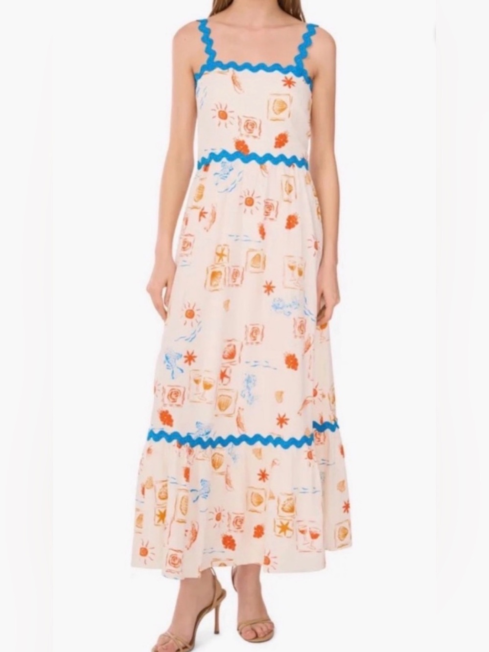 NWT CeCe Cream Maxi Dress with Blue Trim and Orange Print Size Medium